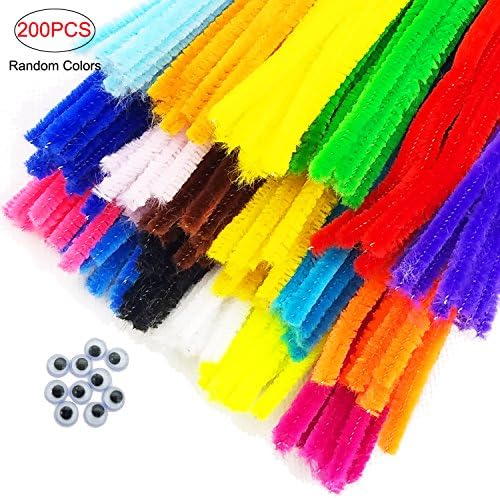 Ldoux 200PC Crafting Pipe Cleaners Chenille Stems Bundle Kit12”*6mm,10Pcs Wiggle Eyes DIY Art Supplies for Children's Craft Projects, Paper Crafts, Holiday Crafts Suppliers