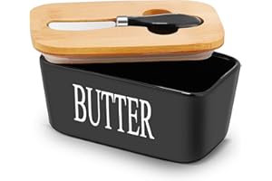 FOXCUP Webao Ceramic maselniczka wielofunkcyjna emaliowana łódź z drewnianą pokrywką, wysokiej jakości pojemnik na masło z silikonową wargą uszczelniającą na 250 g masła, kolor czarny