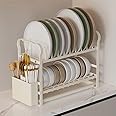 QHWRV White iron dish rack, 2-layer with plate rack, cutlery rack, removable drain tray, kitchen space saving
