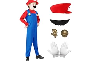 Ansamy Super Brüder Kostüm für Kinder Erwachsene, Faschingskostüme Herren, Super Brüder Cosplay Kostüm mit T-Shirt Mütze Hose Bart Handschuhe für Halloween Karneval Faschingskostüme