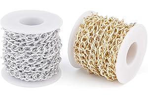 FASHEWELRY 2 rotoli di catena a maglia barbazzale, 10 x 6,5 mm, non saldata, in alluminio argentato e dorato, per la realizzazione di collane, gioielli e accessori fai da te, 10 m in totale