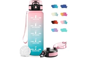 JAPORIA Wasserflasche Sport 1L, Kohlensäure Geeignet, Auslaufsicher Trinkflasche mit Filter, Motivierende Wasserflasche mit Zeitmarkierung, Sportflasche für Bergsteigen, Camping, Picknick, Yoga