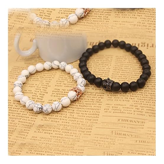 UEUC Par Distancia Pulseras para lovers-2pcs Negro Mate Blanco y ágata Howlita Bolas de 8 mm - Imagen 4