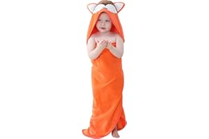 COOKY.D Hooded Baby Bath Towel 100% Soft Cotton Kids Towelling Bathrobe for Girls Boys, 0-6 Years Old, 90 x 90cm, Orange Fox