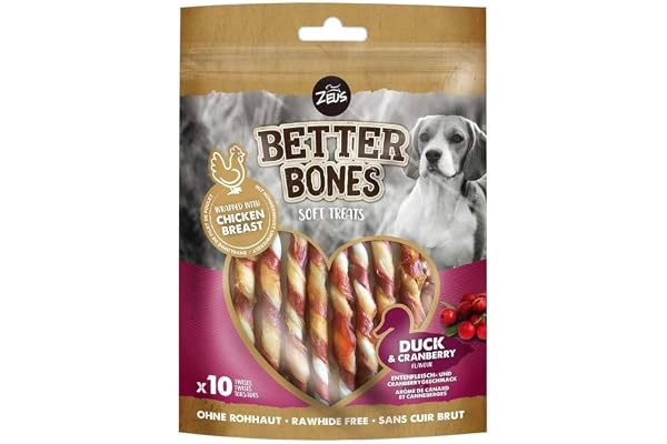 Zeus BetterBones, vridna tuggstänger för hundar, med ankkött och tranbärssmak, 10 cm, 114 g (1-pack)