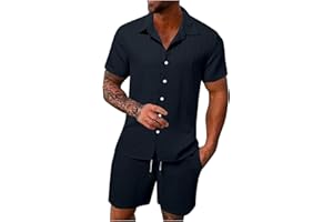 HAOLEI Mens Cotton Linen Shorts and Shirt Sets UK Sale Clearance Tracksuit Set Summer Co Ord Sets Short Sleeve Button Down Shirts & Shorts with Pockets 2 Piece Outfits Vacation Beach Wedding Suits