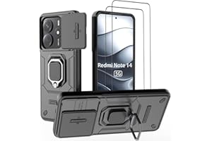 DERHAN Funda para Xiaomi Redmi Note 14 5G, Funda Resistente con Cristal Templado [2 Piezas] + Cubre Cámara [Protección de Cámara], Carcasa Antigolpes Bumper con Soporte - Negro