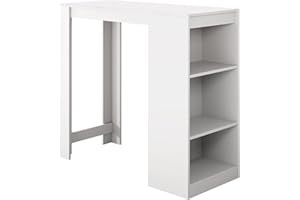 MB Muebles Bonitos, Mesa Alta Bar Kyra, Barra Cocina de Estilo Moderno con 3 Estantes, Melamina Mate, Blanco, 110x103x50 cm