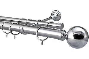 YHO Metal Double Designer Curtain Pole Rod Set Diameter 28mm 19mm Chrome Including Brackets, Rings & Finials (2m, Venice Finial With Rings)