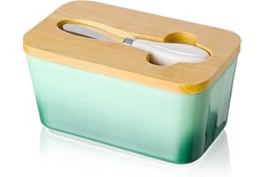 Burriera in Porcellana con Coperchio in Legno e Coltello da Burro, Candiicap Portaburro Per il Frigo, Contenitore per Tutti i Tipi di Burro (Verde Avocado)