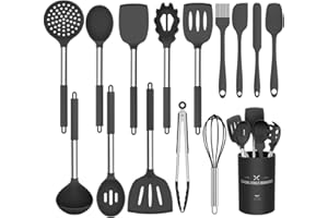 UMITEN Küchenutensilien-Set, 15-teilig Silikon Küchenhelfer Set, Antihaft Hitzebeständiger Kochutensilien Kochgeschirr mit Utensilienhalter, Edelstahl Griff, Spülmaschinengeeignet (Schwarz)