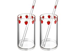 ERINGOGO Set Di 2 Bicchieri Di Trasparente Con Motivi Di Fragola E Cannucce 300Ml Ideale Per Bevande a Casa E Ufficio