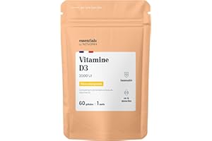 Vitamine D3 2000 UI, Cure de 1 mois, Renforce le Système Immunitaire, 60 Gélules Végétales, Vitamine D D3V® Brevetée et Végétale Micro-Encapsulée, Fabriqué en France, Essentials by Novoma