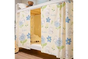 Treer Cortina de Cama Litera,Manta Antipolvo, Cortina de Cama Opaca Entrepiso para Dormitorio Estudiantil, Cubierta de Privacidad, Patrón de Cortina de Cama (1.35 * 2M, 1 Set,Flor Azul)