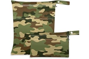 Baofu Camo Pattern Wet Dry Bags Sets Waterproof Reusable Travel Beach Baby Cloth Diaper Wet Dry Bags Organizer with Two Zippered Pockets for Swimsuit and Gym,2Pack