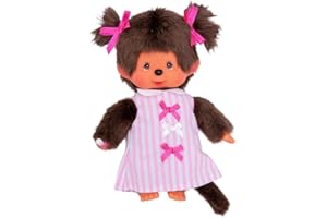 Sekiguchi 223589 - Original Monchhichi Mädchen, Plüschtier mit pink-weiß gestreiftem Kleid und Zöpfen mit Schleifen, ca. 20 cm großes Kuscheltier aus braunem Plüsch