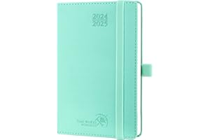 POPRUN Agenda de Poche 2025 Semainier 16 x 10,5 cm D'août 2024 à déc 2025-17 Mois Petit Agenda Scolaire avec Couverture Souple en PU Cuir, Papier, Menthe vert