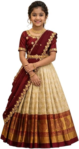 White Button New latest half Saree South Indian Langa Voni pattu pavadai lehenga choli for girls