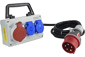 RoadEu - CEE Steckdose 16A und 2x Schuko Verteiler - Steckdosenverteiler - Stromverteiler 16A, Mobilverteiler - Stromkabel 1 m - Baustromverteiler mit CEE Stecker 16A