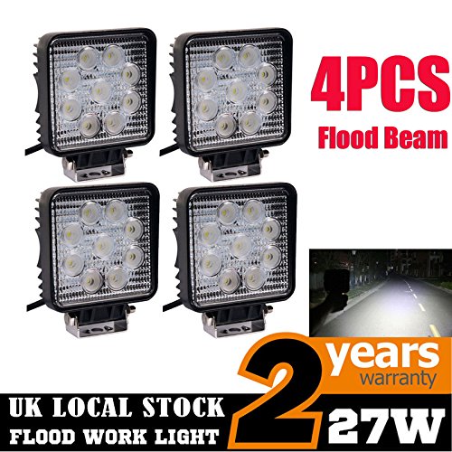 DICN 4PCS LED Driving Light Square Flood Beam 27W Fog Lamps White Waterproof for Off Road Car Van Truck SUV Tractor ATV Boat 2 Year Warranty UK Ship