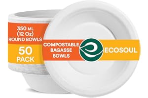 ECO SOUL Pearl White Round 350 ml(12oz) Bagasse Bowls, 10x Times Sturdy Than Paper Plates(Pack of 50), Disposable Tableware, 100% Compostable, Eco Friendly Alternative to Plastic Bowls, Microwavable