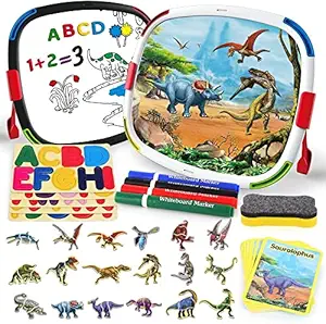 Toyshine Kids Tabletop Easel with Dinosaur Puzzles,Magnetic Letters and Numbers,Double-Sided Whiteboard & Magnetic Puzzle Art Easel for Kids Toddlers