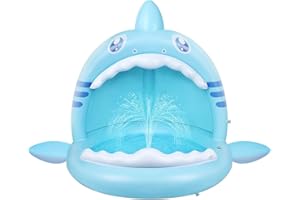 Flyboo Piscina per Bambini, Piscinetta per i Piccolissimi a Forma di Squalo con Spruzzo d'acqua e Tettuccio, Gonfiabile Mini Centro di Giochi d'acqua da Interno e da Giardino, Rotondo, Blu