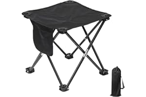 BTIUGYI Sgabello da Campeggio con Tasche Laterali 33CM, Sgabello Pieghevole Portatile con Borsa di Stoccaggio, Poggiapiedi per Esterni per Viaggi, Escursioni, Giardino, Pesca, Barbecue, Spiaggia (Nero)