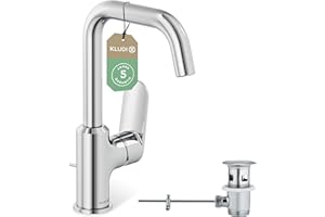 KLUDI-X1 Waschtischarmatur mit Zugstangen-Ablauf, 360° schwenkbar, Auslaufhöhe 205 mm, wassersparender Wasserhahn Bad Größe L, Mischbatterie Waschbecken inkl. Anschlussschläuche in Chrom