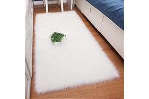 DQMEN Piel de Cordero Oveja/Sheepskin Rug Cordero, imitación mullida Alfombras imitación Piel sintética Deko Piel,para salón Dormitorio baño sofá Silla cojín (Blanco, 75 X 120cm)