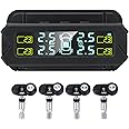 Eacam Tire Pressure Monitoring System - Wireless Solar Power TPMS with 5 Alarm Modes, Auto Backlight LCD Display, 4 Sensors Real-time Display Temperature Pressure