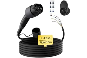 dé Cable de Carga Tipo 2 de Extremo Abierto 7kW [1-Fase|10m|32A] para Wallbox/Cable de reemplazo para estación de Carga