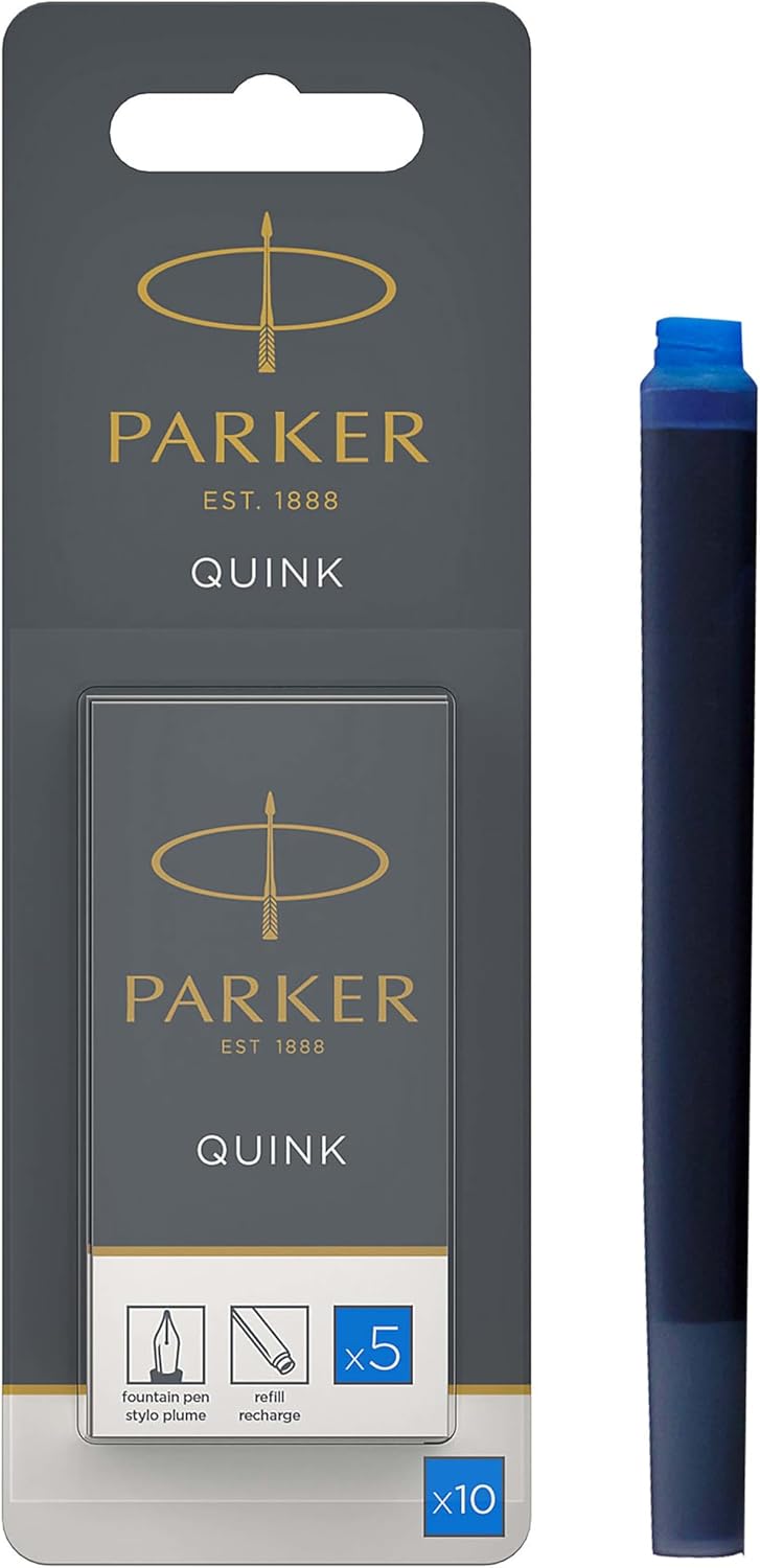 Parker cartouches d'encre pour stylo plume | longue | encre bleue effaçable QUINK | Lot de 10 (emballage blister)