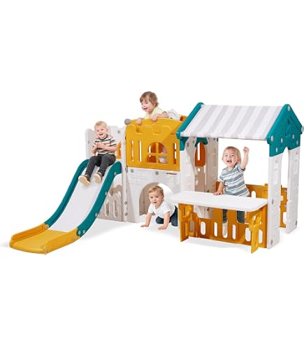 Froadp Scivolo 8 In 1 Per Bambini Da 1 Anno – Con Tunnel, Canestro E Telescopio – Interno/Esterno, HDPE, Portata 50 Kg – 141x154x86 Cm