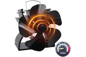 HAWCAFU 4.9inches/12.5cm Mini Stove Fan Log Burner Fan, 5 Blades Small Woodburner Fan with Stove Thermometer Suitable for Small Space on Wood/Log Burner/Fireplace Top