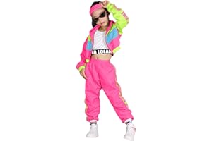 LOLANTA 3-teiliges Hip-Hop-Outfit für Mädchen, 80er-Jahre-Retro-Trainingsanzug mit Farbblockdesign, bauchfreies Tanktop, Reißverschlussjacke, Jogginghose 4–13 Jahre
