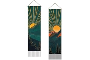 SUPERDANT Tapiz de pared con amanecer y atardecer sol de montaña arte de pared tapiz con paisaje natural tapiz largo para colgar en la pared 2 piezas tapices con borla