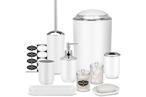 IMAVO Bathroom Accessory Set - 8 Pcs White Set with Trash Can, Soap Dispenser, Soap Dish, Toothbrush Holder, Toothbrush Cup, Toilet Brush Holder, Qtip Dispenser