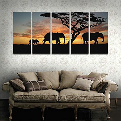 CyioArt - 5 Panels African Sunset Elephant Wall Art Picture Pictures Prints On Canvas Animal The Decor For Home Modern Decoration Print (59"W x 28"H, framed and ready to hang)