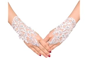 ASYKNM Style Rétro Ivoire Dentelle Gants de Mariage Fleur Mariée Mariée Strass Sexy Gants sans Doigts Mariage-Blanc