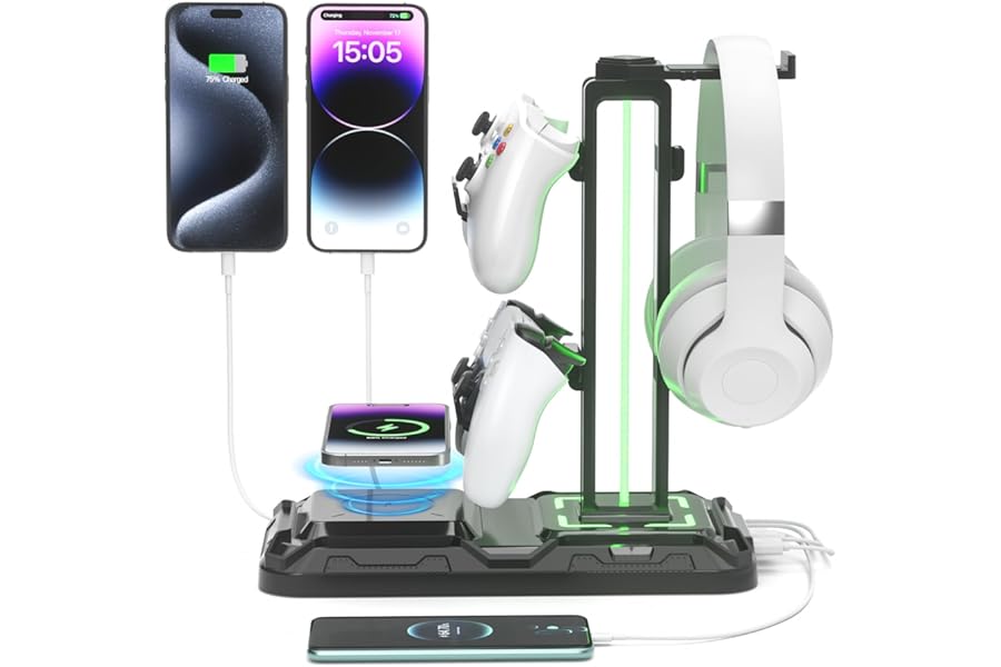 KDD Headphone Stand - Rotatable Controller Holder with Wireless Charging & 9 Light Modes, Gaming Headset Stand with 2 USB and Type C Ports - Controller Stand for Gamers Desktop Accessories (Black)