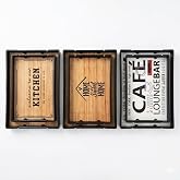 DEİNHAUS Dekoratif Servis Tepsisi Seti, Ahşap Desenli, Siyah &Ccedil;er&ccedil;eveli, 2'li Set, 35x25 cm ve 31x21 cm, Mutfak ve Cafe Temalı