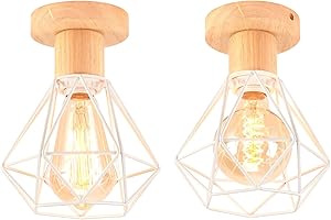 iDEGU Lot de 2 Lustre Plafonnier Industriel Métal Bois Suspension Luminaire Style Cage Géométrique Mini Éclairage E27 Lampe de Plafond Vintage pour Couloir Entrée, Blanc, Ø 16cm (Plafond)
