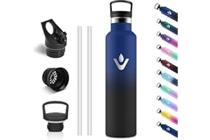 Vikastar Gourde Isotherme, 1 Litro Anti-Fuite, Bouteille Isotherme, sans BPA, Gourde Inox, Réutilisable,Gourde Isotherme 1L pour Fitness, École, Sport, Cyclisme, Bleu Foncé & Noir