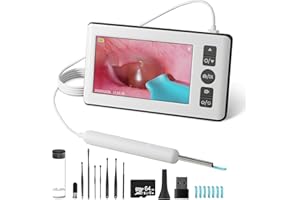 GXPJYCFOB Otoscope Oreille, 4,3'' 1080P HD IPS Camera Oreille Nettoyage avec 6 LED Endoscope, Boucher et Jouer, 3,5mm Professionnel Nettoyeur Oreille Camera avec 64G Carte pour Enfants et Adultes
