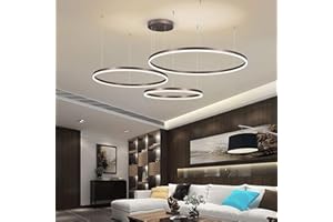 HYQJUNE Modern 3 Rings Ring Pendant Light 90 W LED Dimmable Living Room Chandelier with Remote Control Chic Pendant Light Bedroom Salon Dining Room Chandelier Adjustable Height Combination Pendant Lamp, Brown