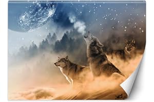 Feeby Carta Da Parati Sulla Fliselina Lupi Branco Luna Notte 250x175 cm multicolore Decorazione Da Muro Include Colla Soggiorno Camera Da Letto Sala Ufficio Montagne Nebbia Foresta Neve