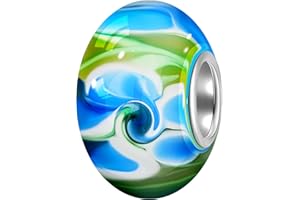 Andante-Stones 925 Perlina in Argento e Vetro di Murano, Color Verde con Fiori Bianchi e Blu, Ciondolo da Donna Charm Bead per bracciali e collane Europei + Sacchetto di Organza
