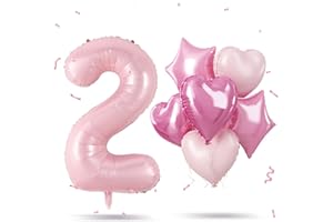 GOVPY Big Number 2 Balloon Light Pink, Foil 2 Balloons with Pastel Baby Pink Helium 18 Inch Heart Star Balloon, 40'' Self Inflating Two Balloon Number for Girls 2nd Birthday Party Women Valentines Day Decor