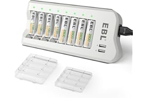 EBL Ładowarka z akumulatorem AA 2800 mAh, 4 sztuki i akumulatorem AAA 1100 mAh, 4 sztuki – 8 przegródek, ładowarka do akumulatorów AA AAA z wyjściem 2 USB